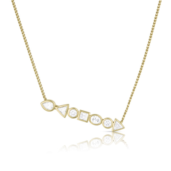 horizontal mixed shapes pendant necklace, petite version, in white diamonds and 18k yellow gold <span class='visuallyhidden'>Call, text 323-404-2959 for shopping help.</span>